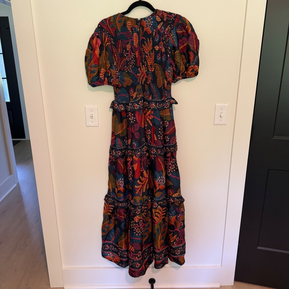 Farm Rio Anthropologie Smocked Maxi Dress Black Motif Tropical Puff Sleeve XS - Picture 3 of 4